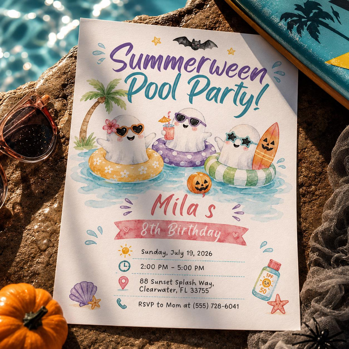Summerween Pool Party Invitation, Ghost Halloween Birthday Invite Editable Printable Canva Template