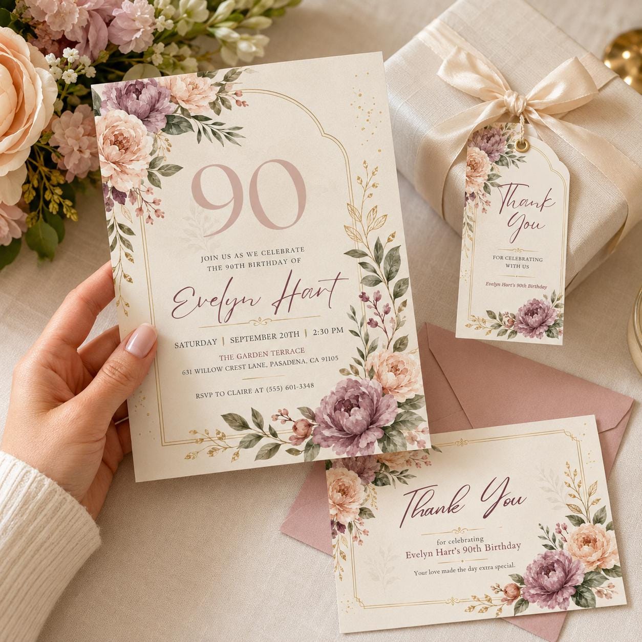 90th Birthday Invitation Bundle, Floral Invite with Thank You Card and Favor Tag, Editable Printable Canva Template