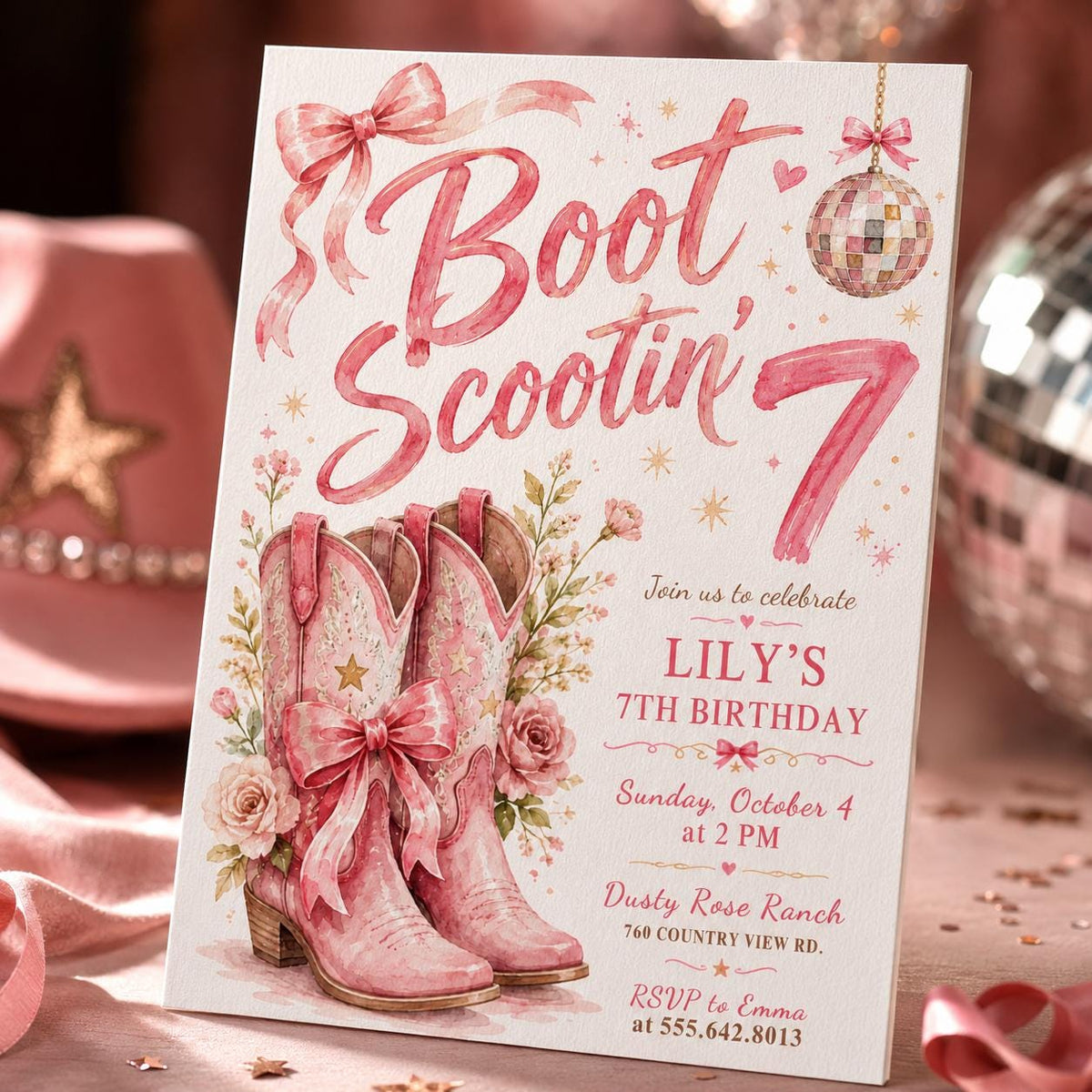 Disco Pink Cowgirl 7th Birthday Invitation for Girls — digital invitation, instant download