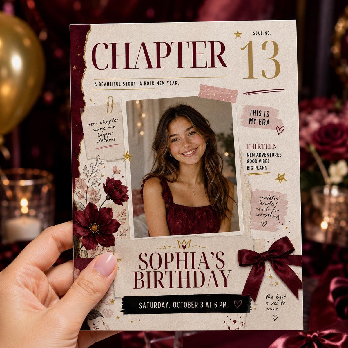 Burgundy Coquette 13th Birthday Invitation for Girls — digital invitation, instant download