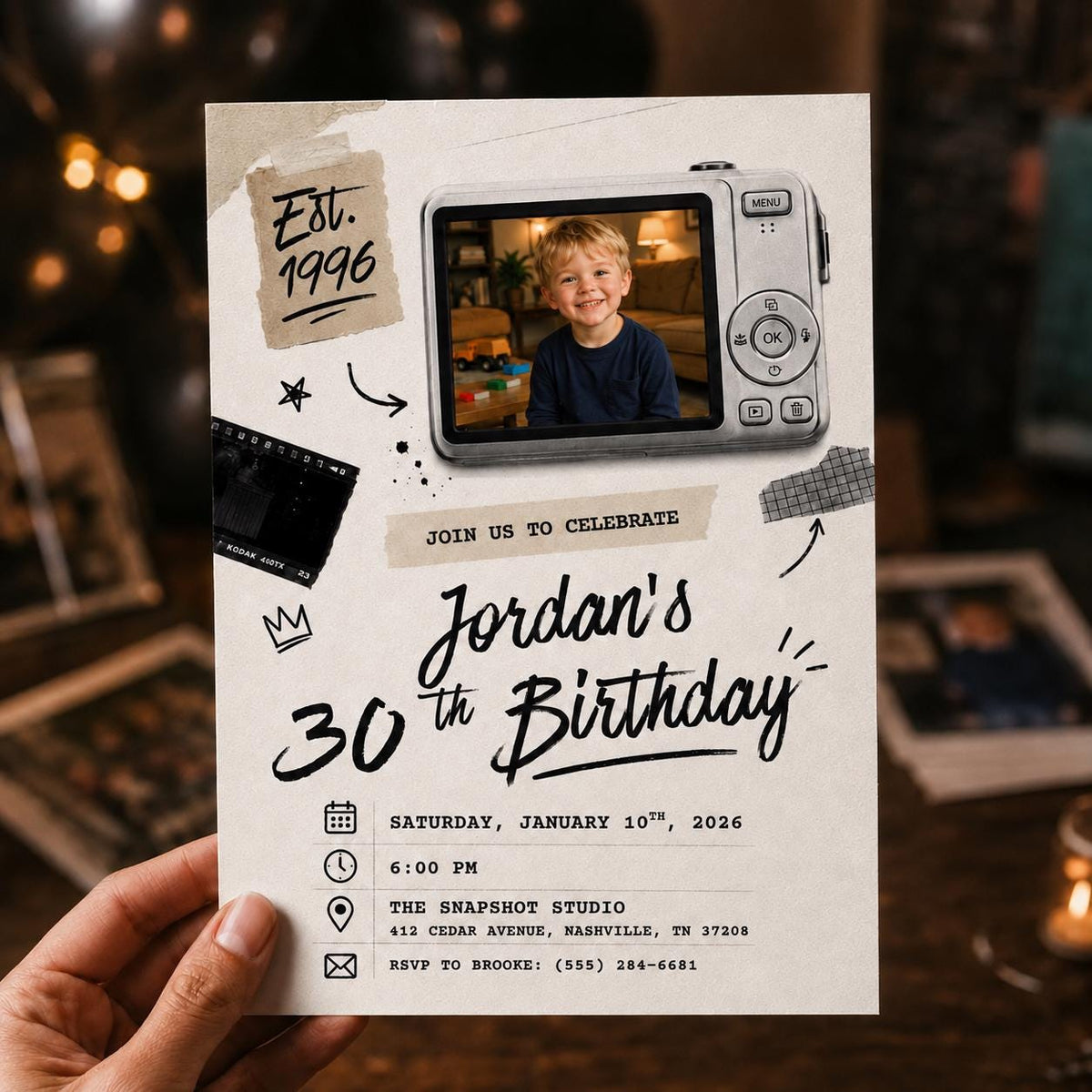 Vintage 30th Birthday Photo Invitation: Vintage 1996 Retro Camera — 30th birthday party stationery by VoltBy