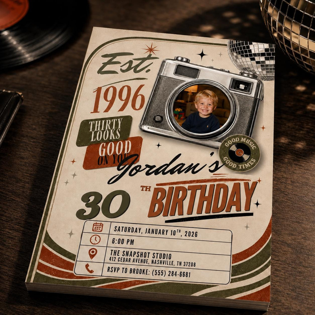 Vintage 30th Birthday Photo Invitation: Vintage 1996 Retro Camera Party for Him — 30th birthday party stationery by VoltBy