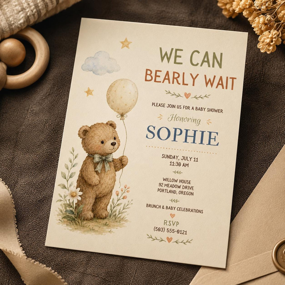 We Can Bearly Wait Baby Shower Invitation, Teddy Bear Balloon Invite, Gender Neutral Editable Printable Canva Template