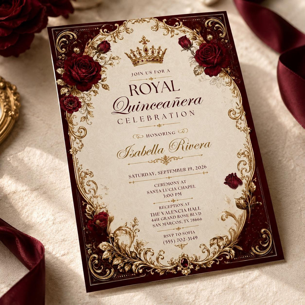 Red Elegant Burgundy Gold Quinceanera Invitation — digital invitation, instant download