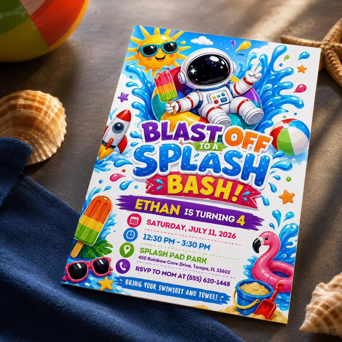 Astronaut Splash Party Birthday Invitation, Space Pool Party Invite, 4th Birthday Editable Canva Template