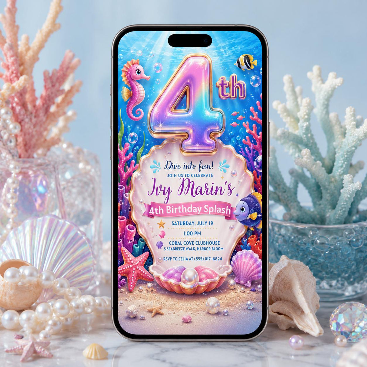 Iridescent Four Under the Sea Birthday Invitation — ocean artwork in blue and pink