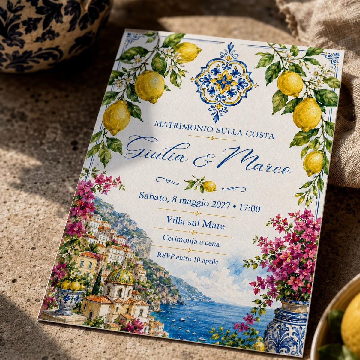 Italian Coastal Wedding Invitation with Lemons and Blue Tiles — beach lemon artwork in white