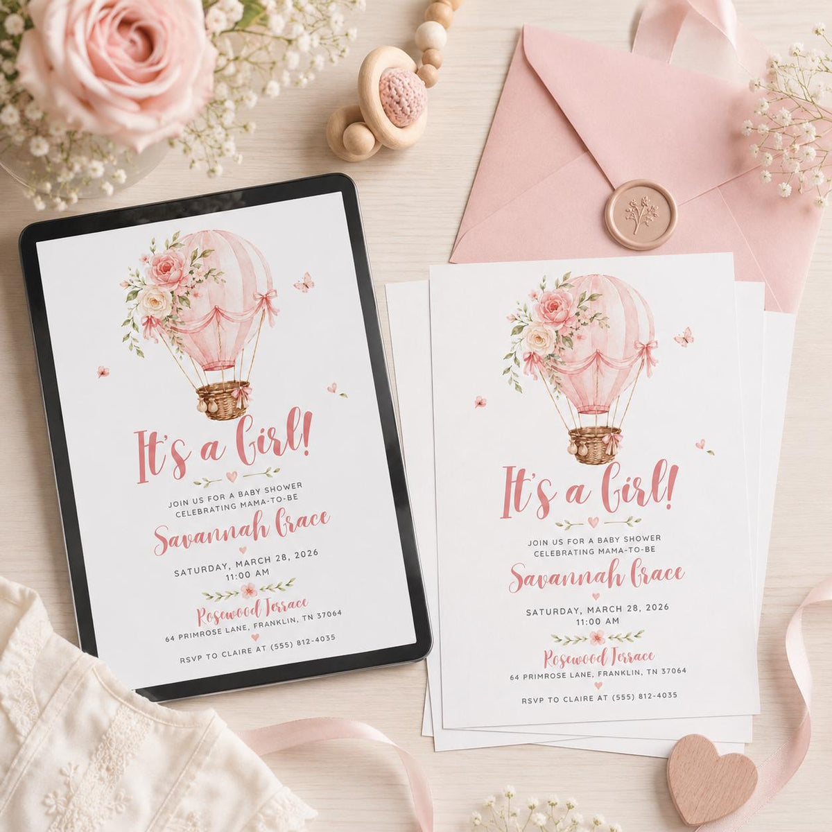 It's a Girl Pink Hot Air Balloon Baby Shower Invitation — digital invitation, instant download