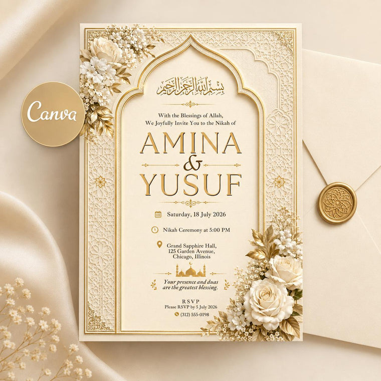 Ivory and Gold Nikah Invitation: Ivory Gold Islamic Wedding