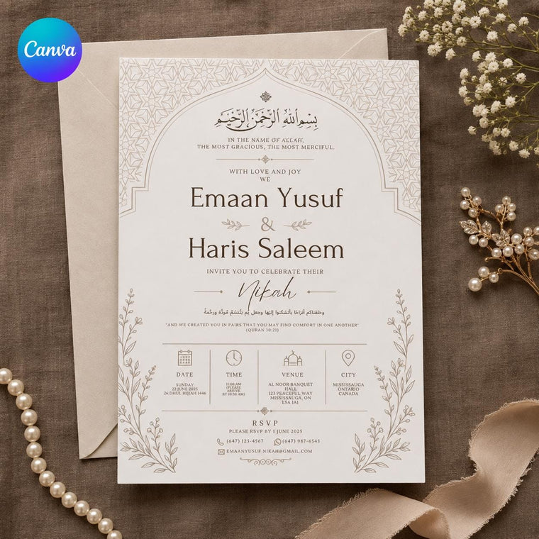 Ivory and Gold Nikah Invitation: Ivory Gold Islamic Wedding Card