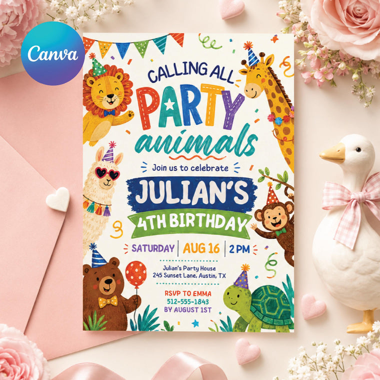 Jungle Party Animals 4th Birthday Invitation