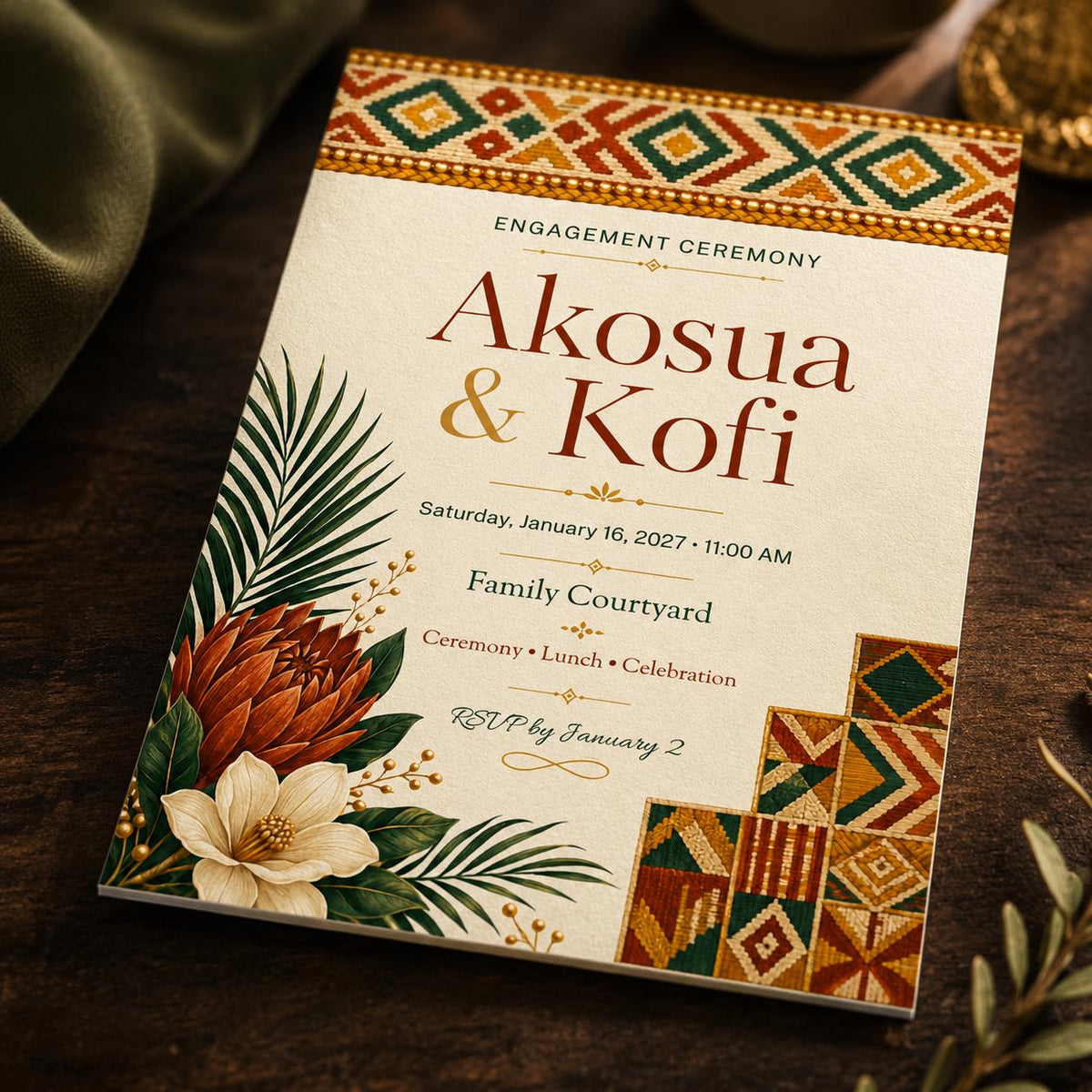 Kente Ghanaian Engagement Invitation — engagement party stationery by VoltBy