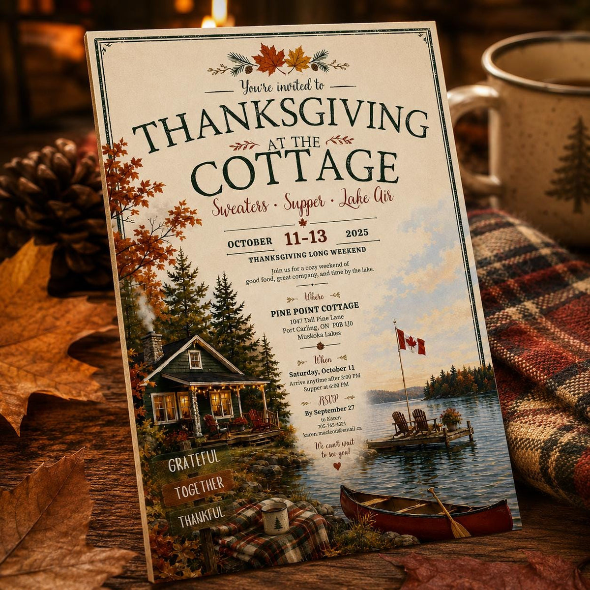 Lake Thanksgiving Cottage Invitation — Thanksgiving gathering stationery by VoltBy