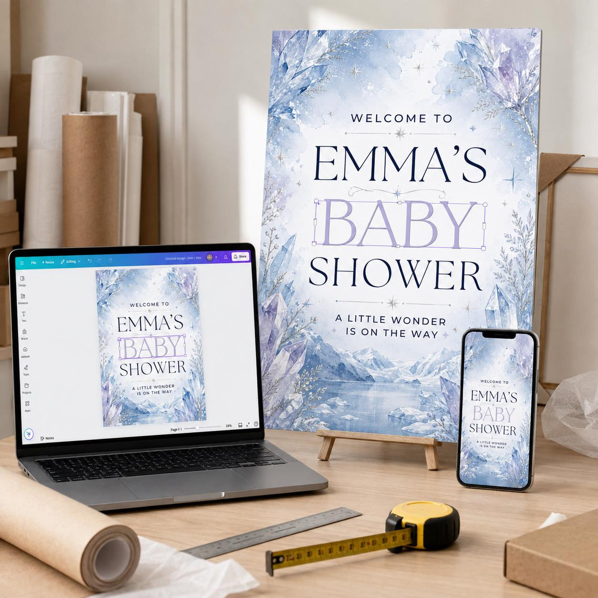 Lavender and Blue Icy Crystal Baby Shower Welcome Sign — baby shower stationery by VoltBy