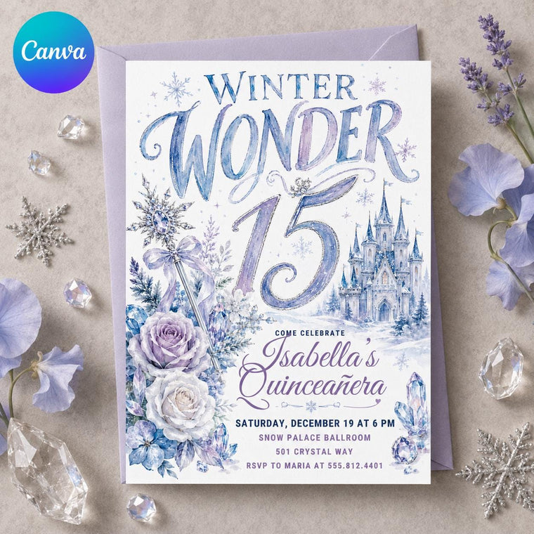 Lavender and Blue Winter Wonderland Quinceanera Invitation