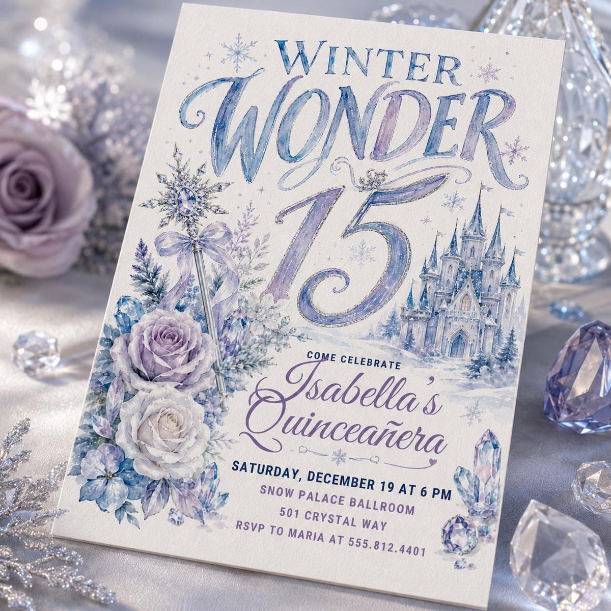 Lavender and Blue Winter Wonderland Quinceanera Invitation — digital invitation, instant download