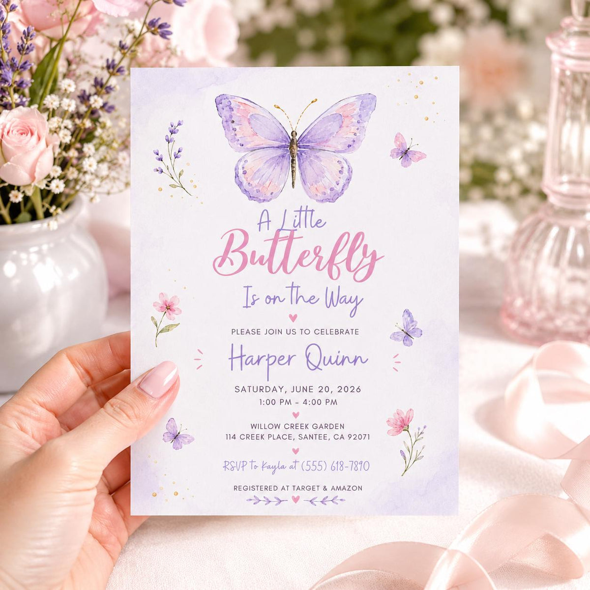 Lavender and Pink Butterfly Baby Shower Invitation — digital invitation, instant download