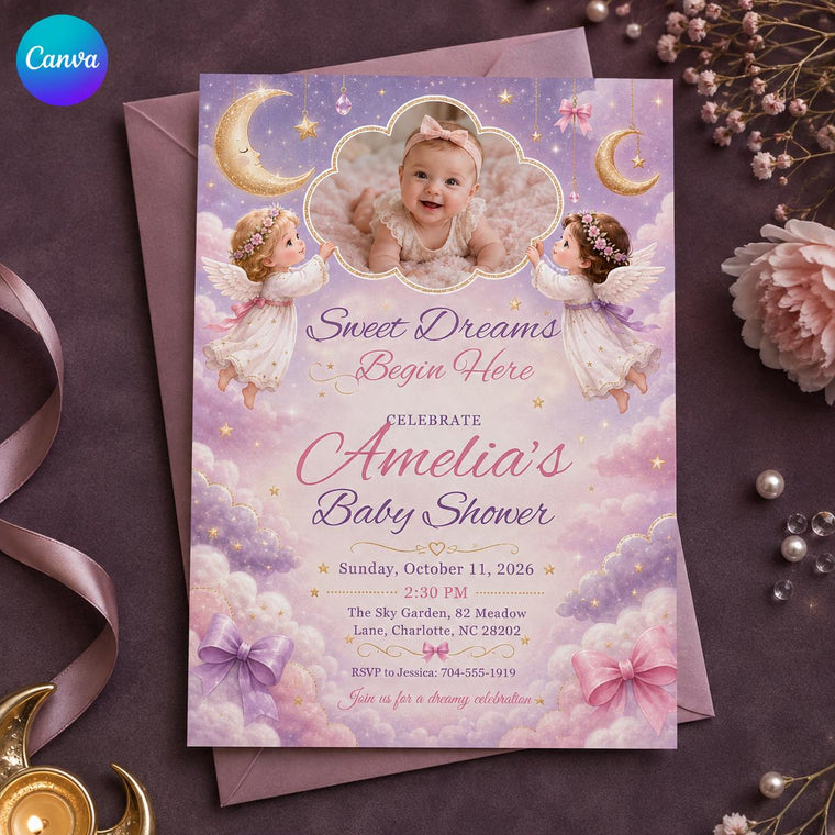 Lavender and Pink Celestial Baby Shower Invitation for Girls