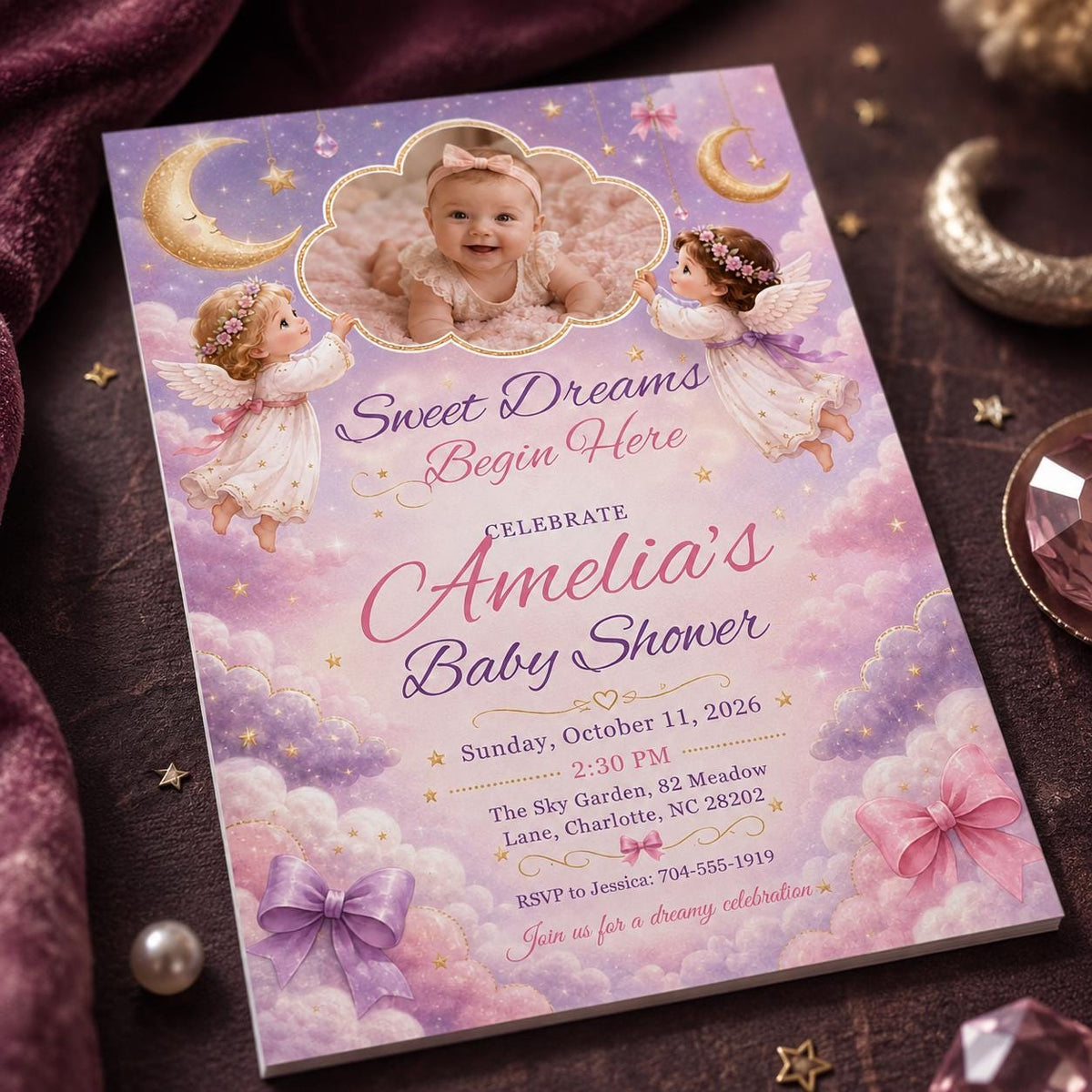 Lavender and Pink Celestial Baby Shower Invitation for Girls — baby shower stationery by VoltBy