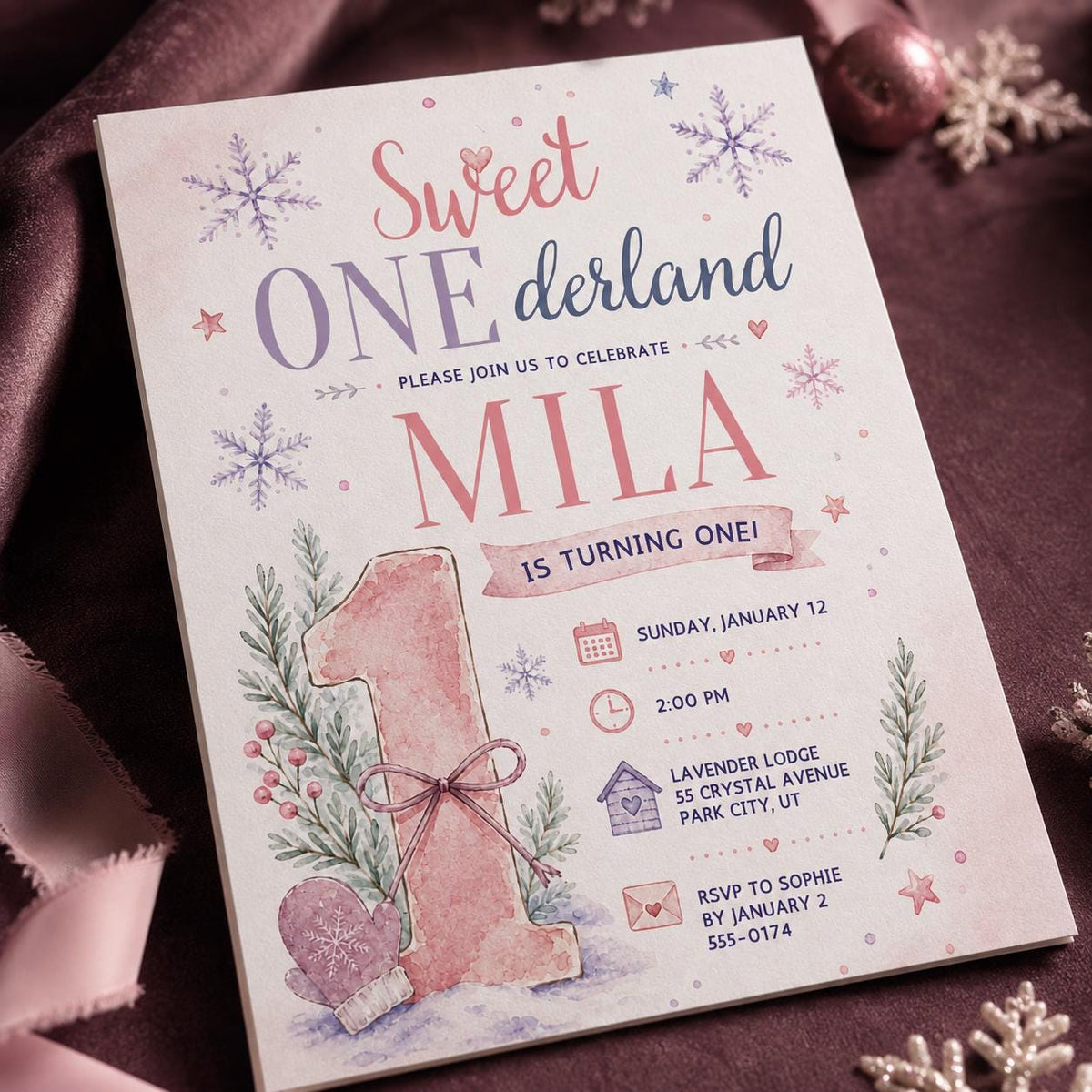 Lavender and Pink Winter ONEderland First Birthday Invitation for — digital invitation, instant download