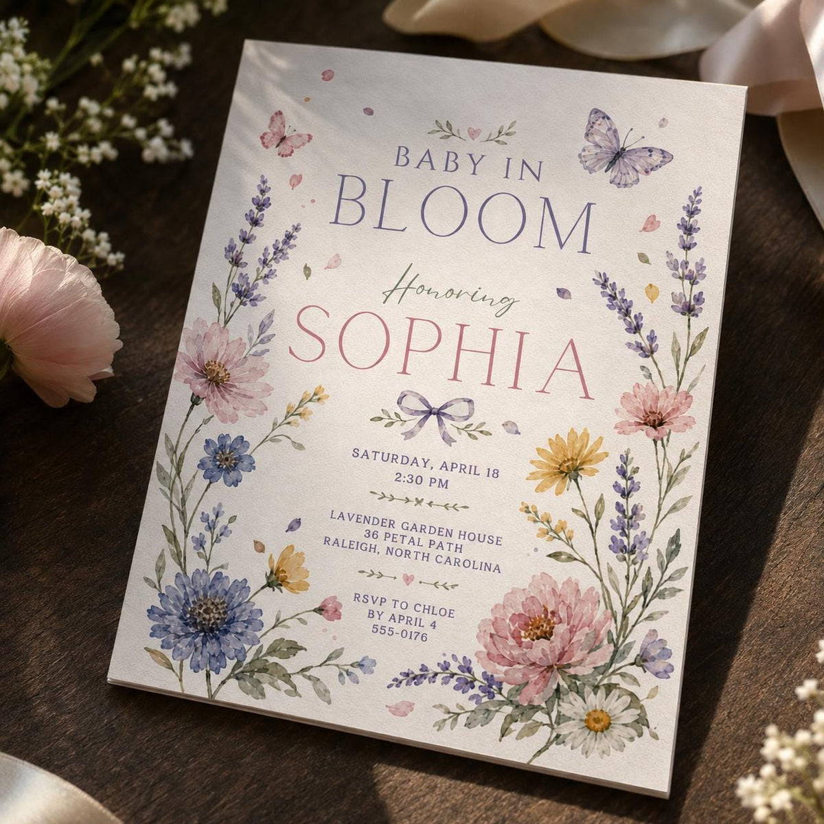 Lavender Floral Baby in Bloom Baby Shower Invitation — digital invitation, instant download