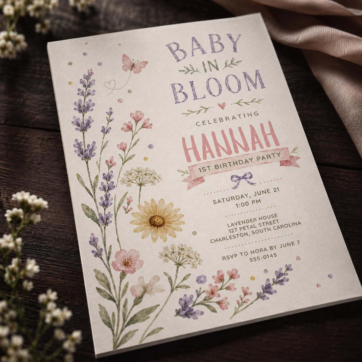 Lavender Floral Baby in Bloom First Birthday Invitation — digital invitation, instant download