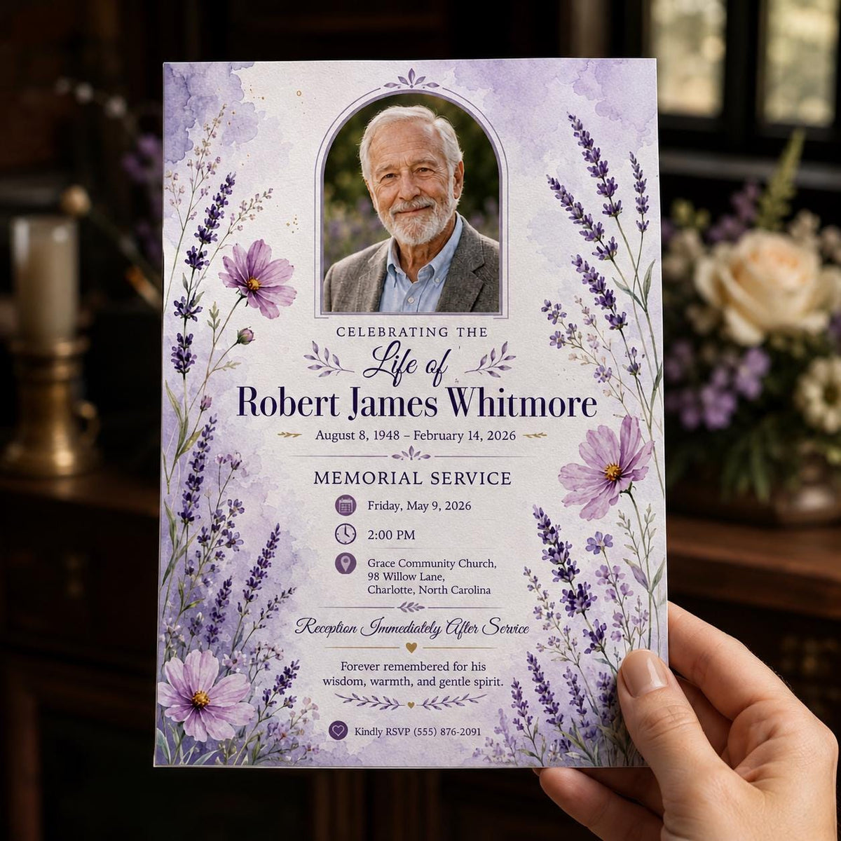 Lavender Floral Memorial Service Invitation — digital invitation, instant download