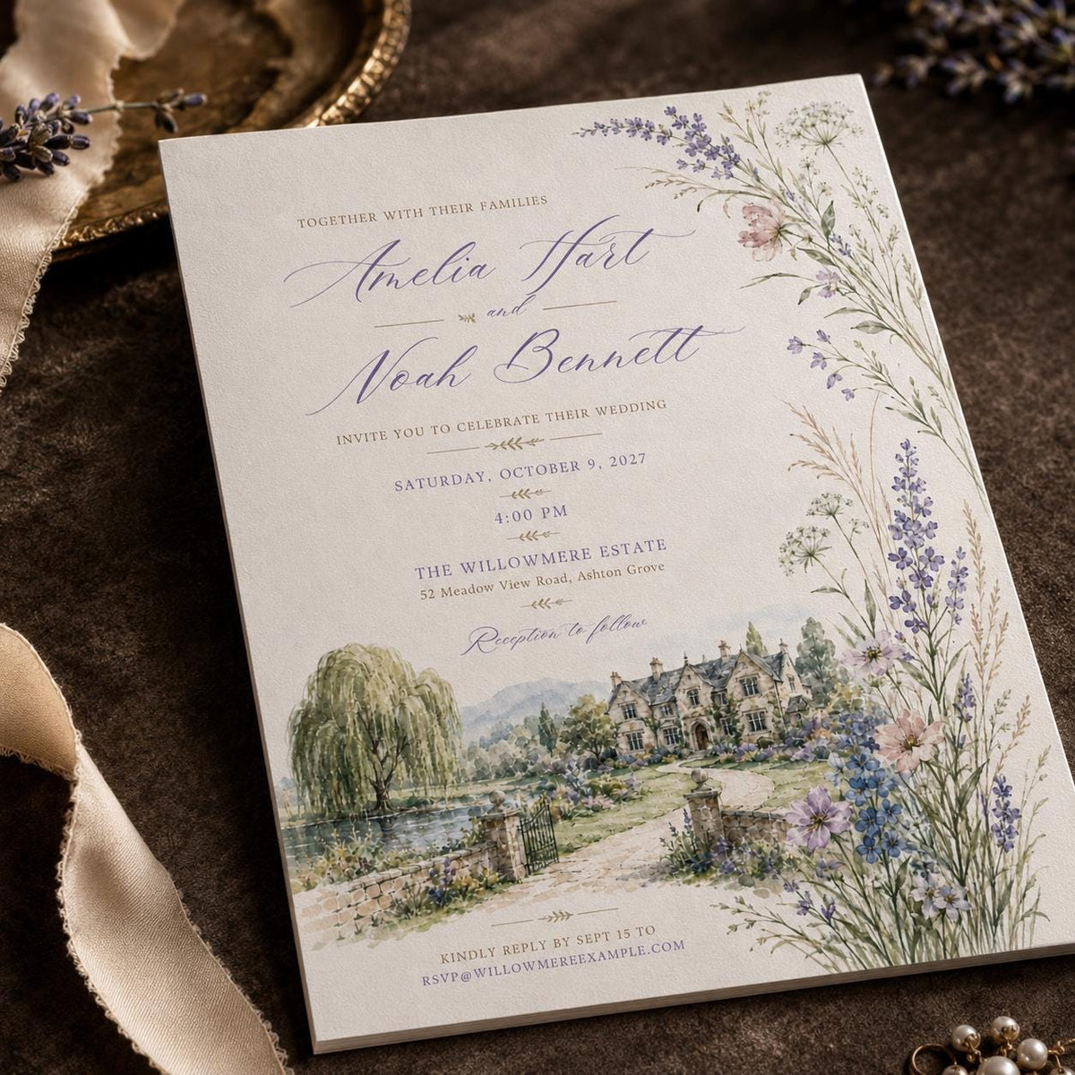 Lavender Floral Watercolor Wedding Invitation — print-ready wedding design from VoltBy