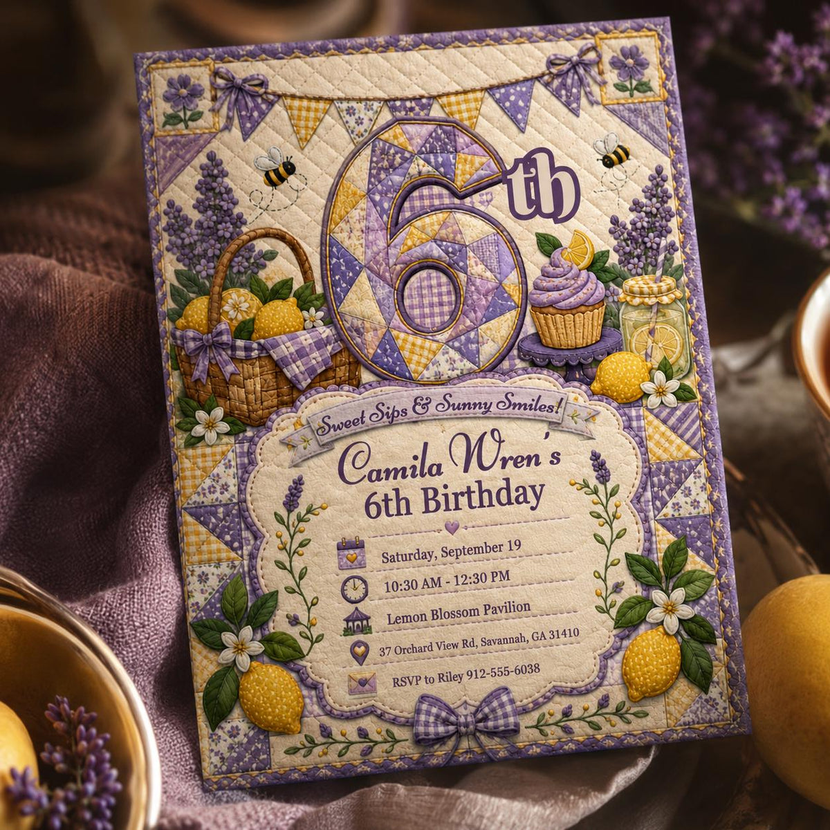 Lavender Lemon 6th Birthday Invitation for Girls — digital invitation, instant download