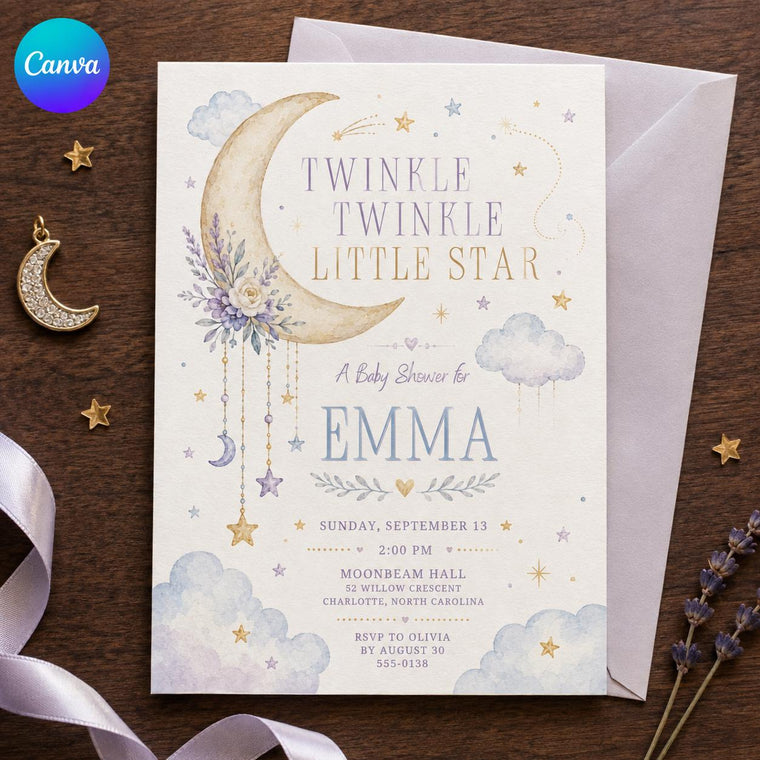 Lavender Moon and Clouds Twinkle Star Baby Shower Invitation