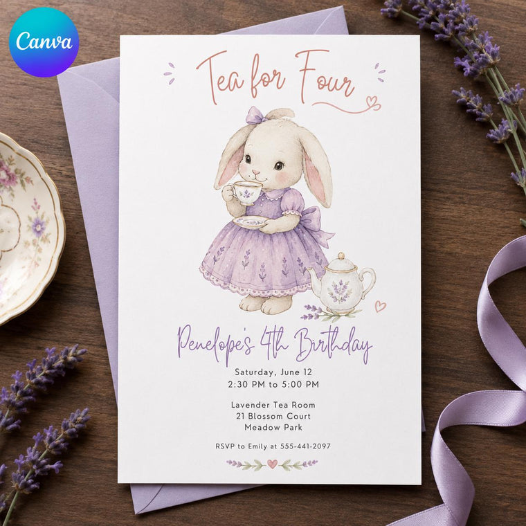 Lavender Watercolor Bunny Tea Party Invitation for Girls