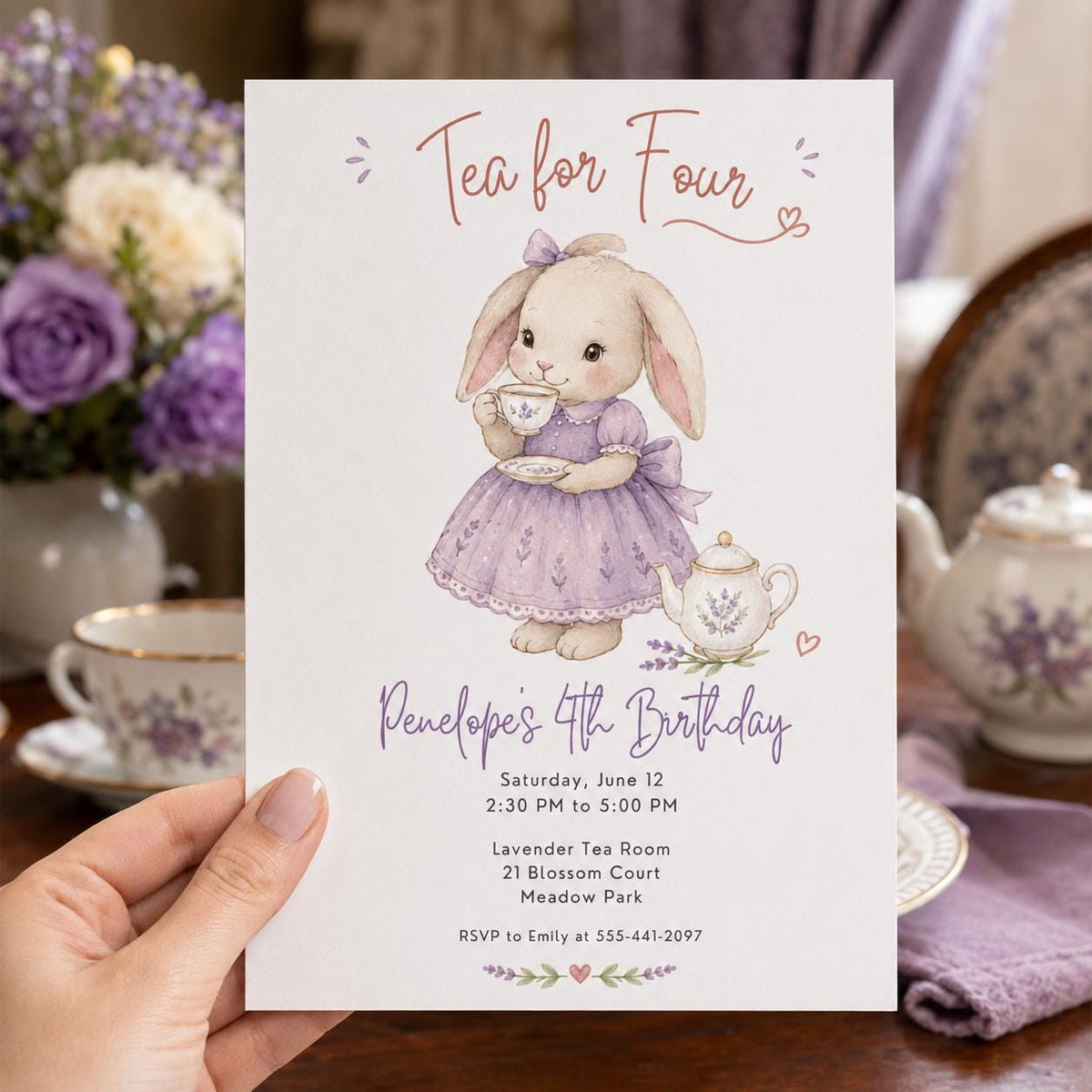 Lavender Watercolor Bunny Tea Party Invitation for Girls — 4th birthday party stationery by VoltBy
