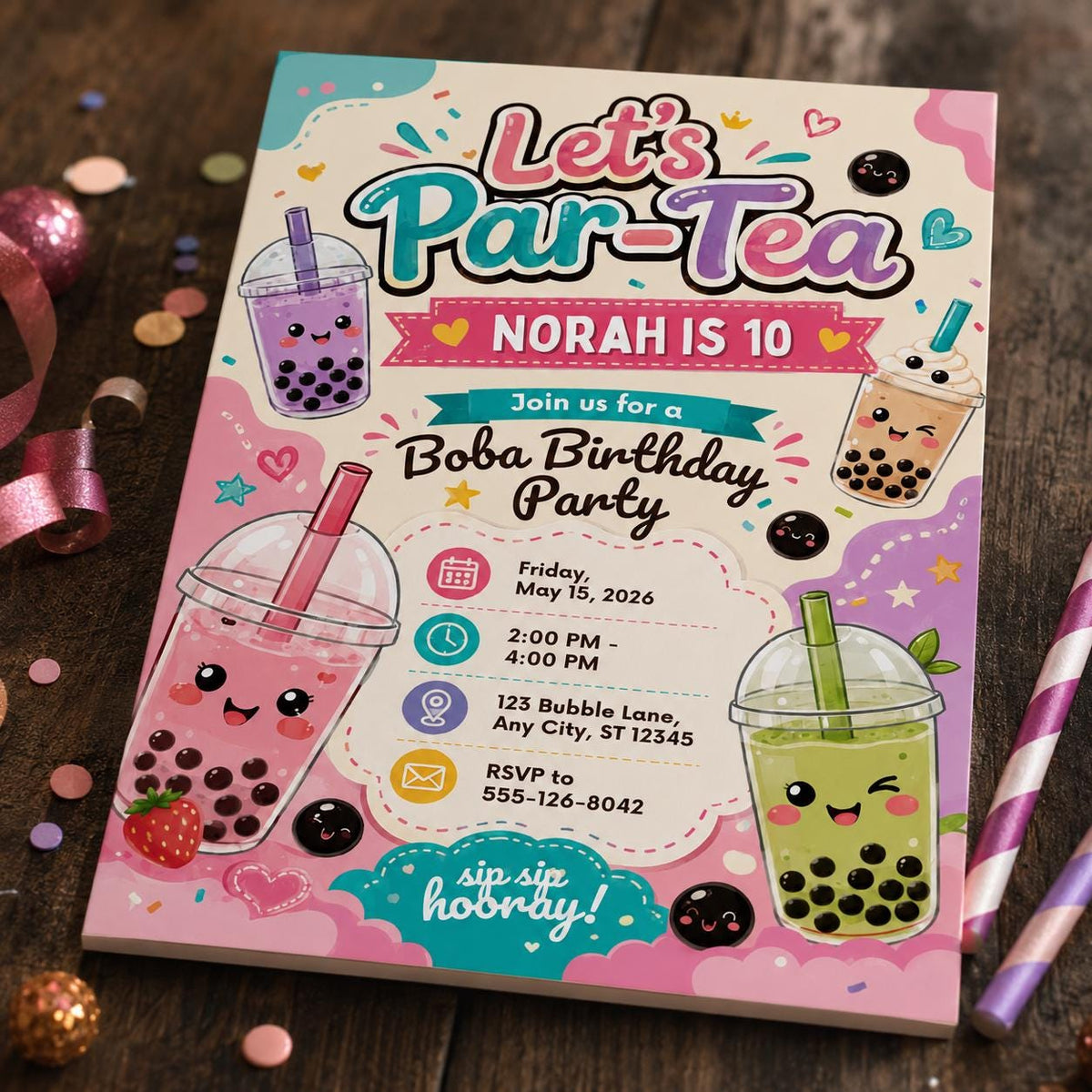 Let's Par-Boba Tea 10th Birthday Invitation — digital invitation, instant download