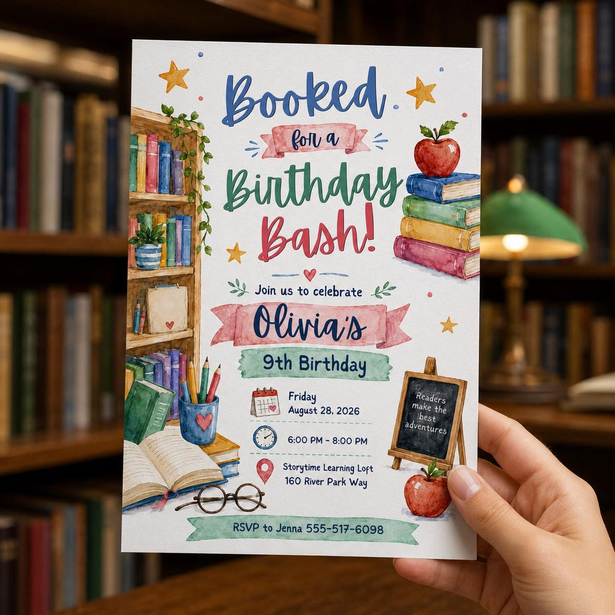 Library Book 9th Birthday Invitation — 9th birthday party stationery by VoltBy