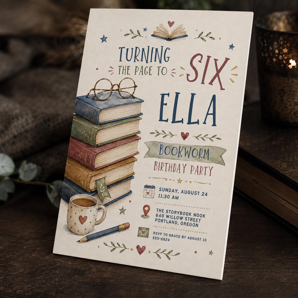 Library Bookworm 6th Birthday Invitation — 6th birthday party stationery by VoltBy