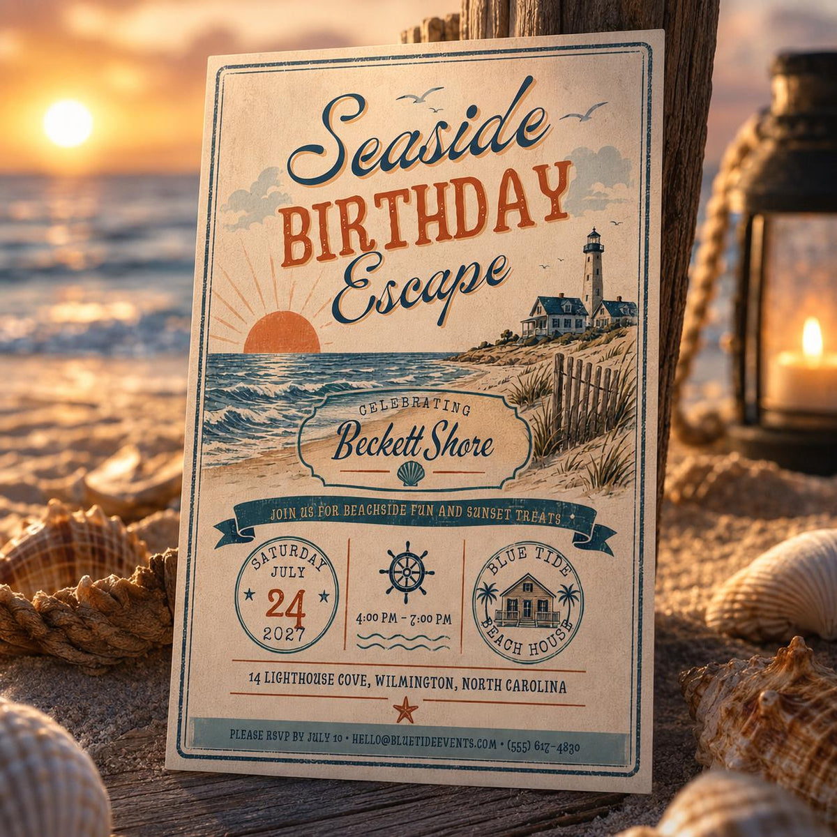 Lighthouse Beach Birthday Invitation — digital invitation, instant download