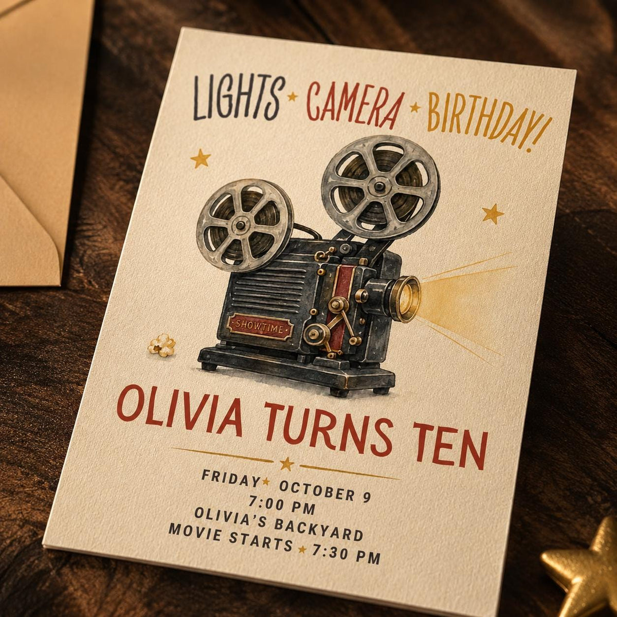 Lights Camera Birthday 10th Birthday Invitation with Vintage Projector — movie artwork in brown and cream
