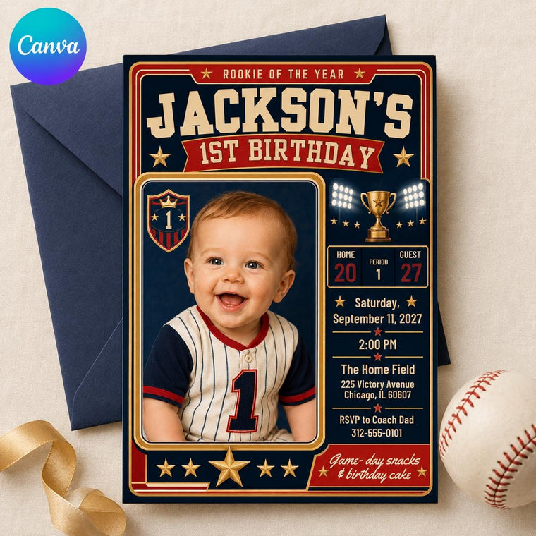 Little Baseball Rookie 1st Birthday Invitation for Boys