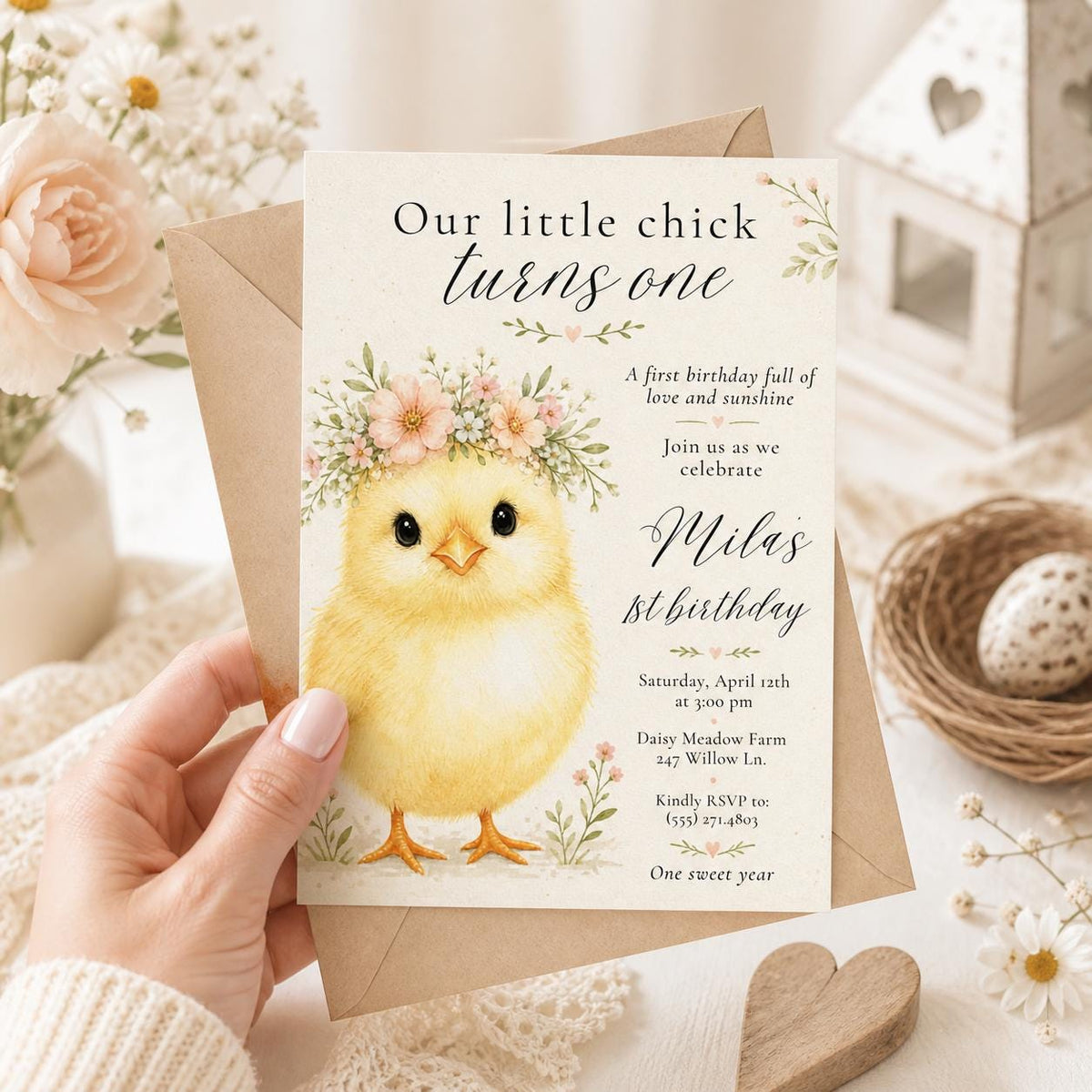 Little Chick First Birthday Invitation with Floral Crown — first birthday stationery by VoltBy