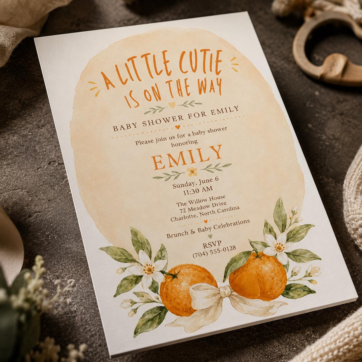 Little Cutie Orange Baby Shower Invitation with Peach Arch — fruit artwork in green