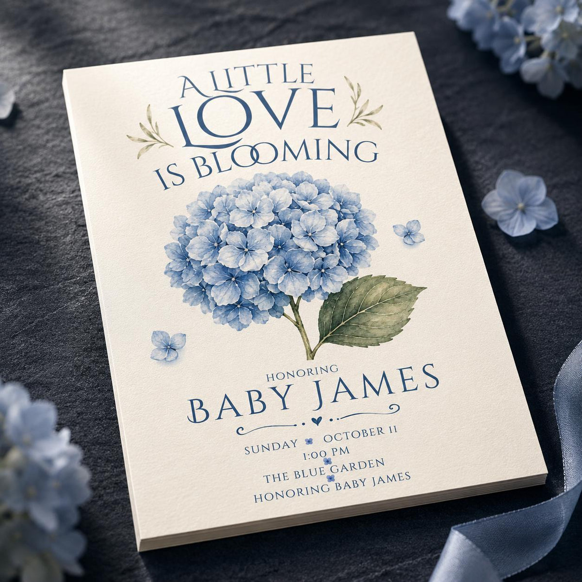 Little Love Is Blooming Blue Hydrangea Baby Shower Invitation — digital invitation, instant download
