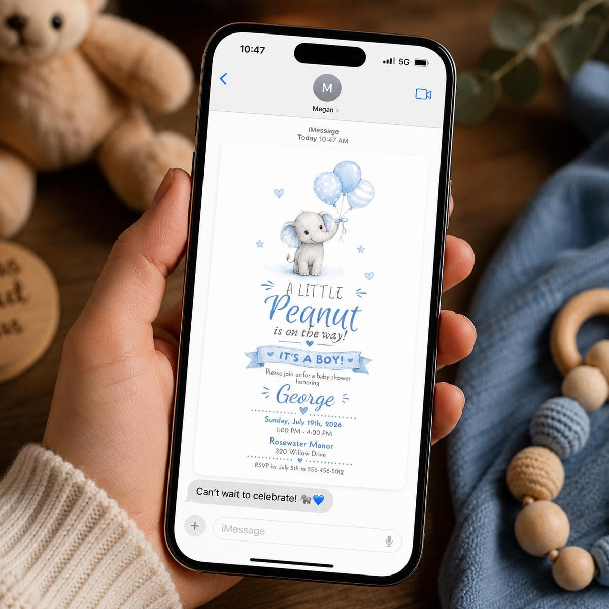 Little Peanut Blue Balloon Elephant Baby Shower Invitation — digital invitation, instant download