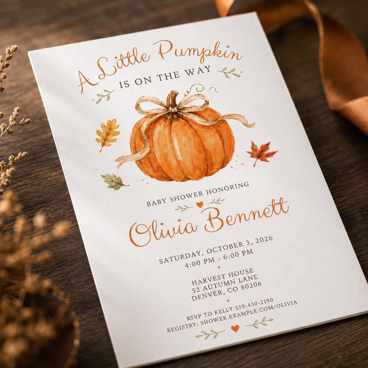 Little Pumpkin Baby Shower Invitation with Autumn Leaves — leaf artwork in cream and green