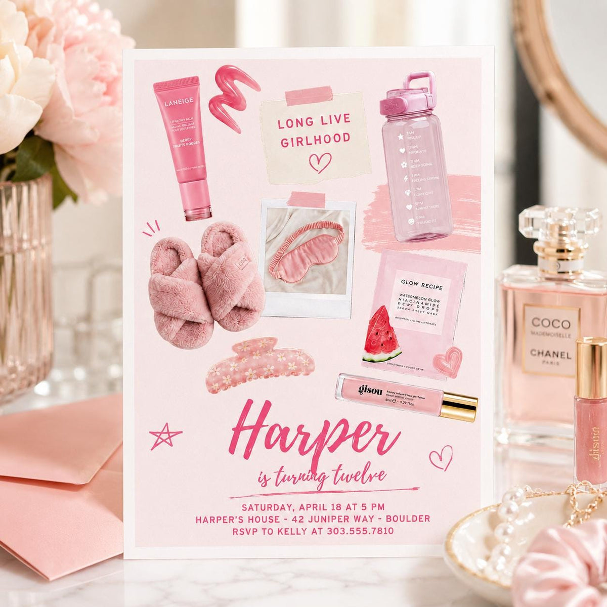 Long Live Girlhood 12th Birthday Spa Invitation — print-ready 12th birthday party design from VoltBy