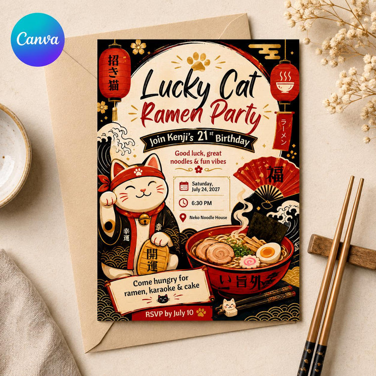 Lucky Cat Ramen 21st Birthday Invitation