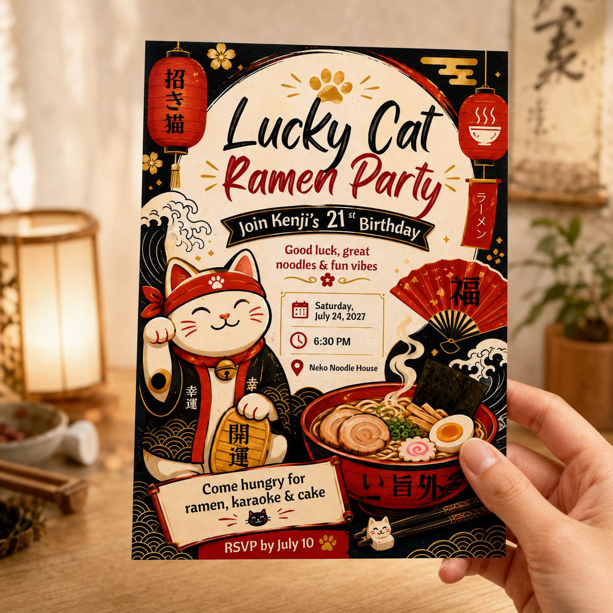 Lucky Cat Ramen 21st Birthday Invitation — 21st birthday party stationery by VoltBy