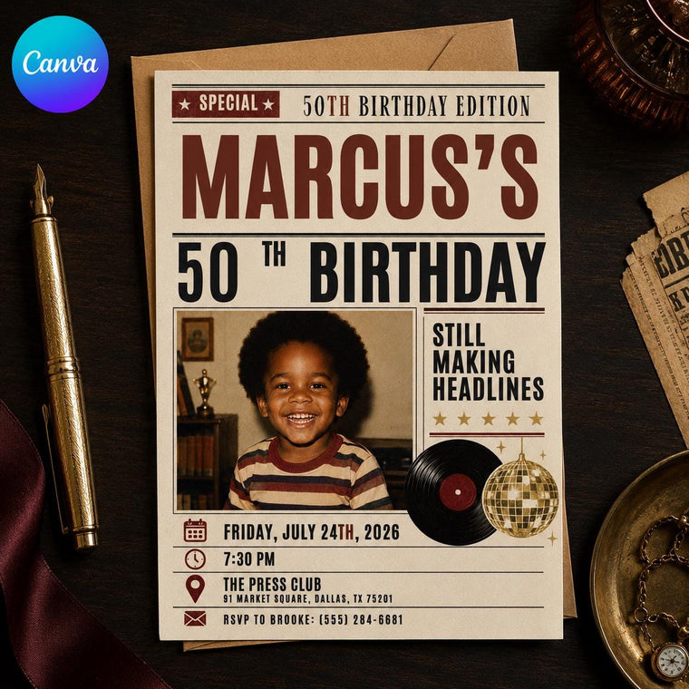 Making Headlines Vintage Photo 50th Birthday Invitation