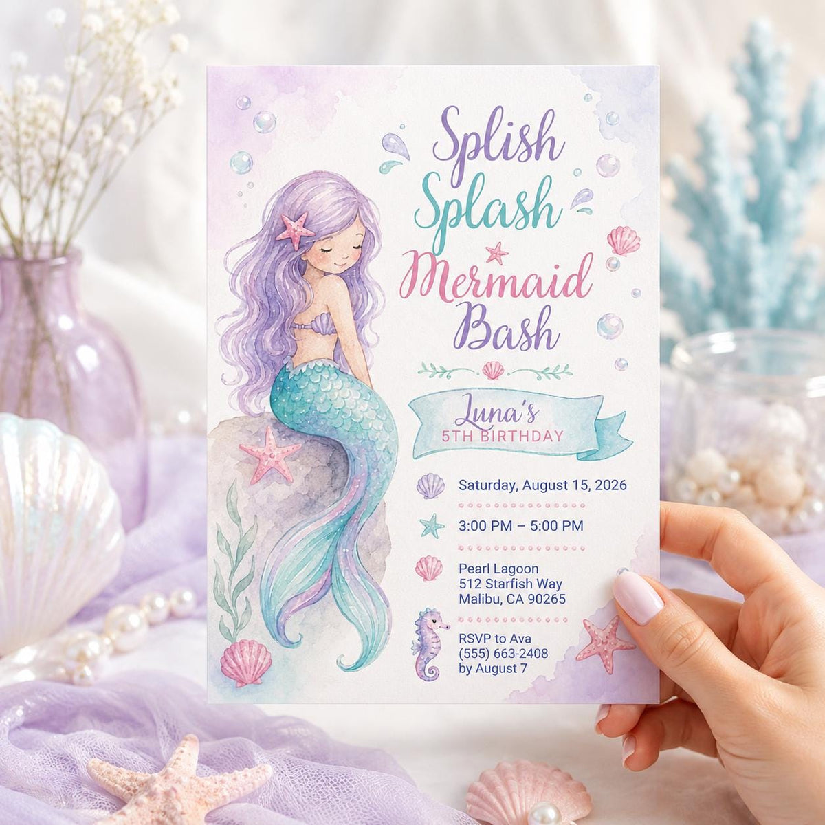 Mermaid Birthday Invitation for Girls — digital invitation, instant download