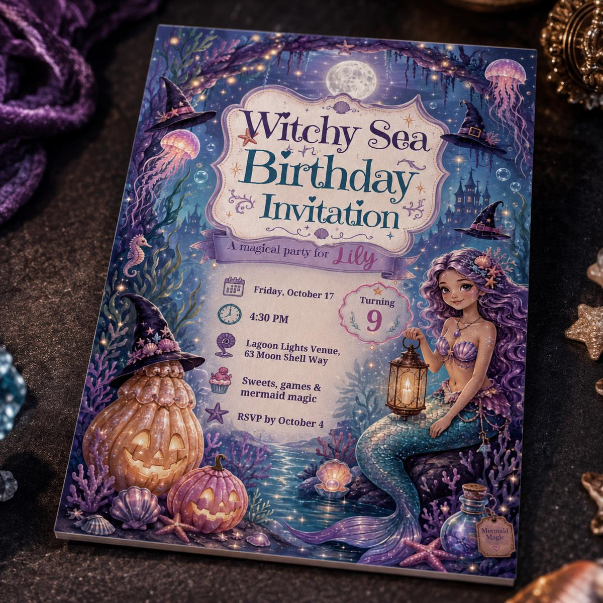 Mermaid Sea Witch Birthday Invitation for Girls — digital invitation, instant download