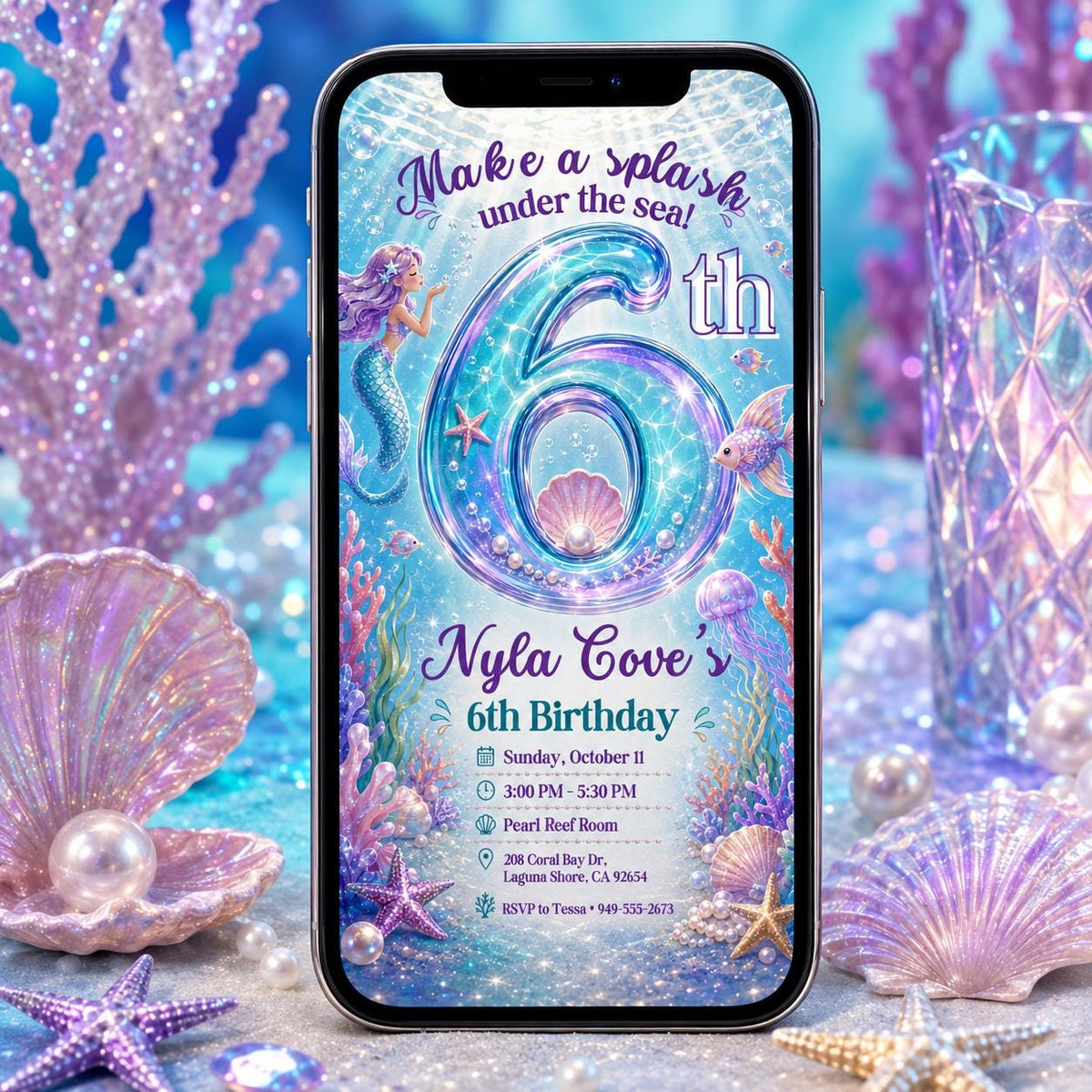 Mermaid Under the Sea 6th Birthday Invitation — digital invitation, instant download